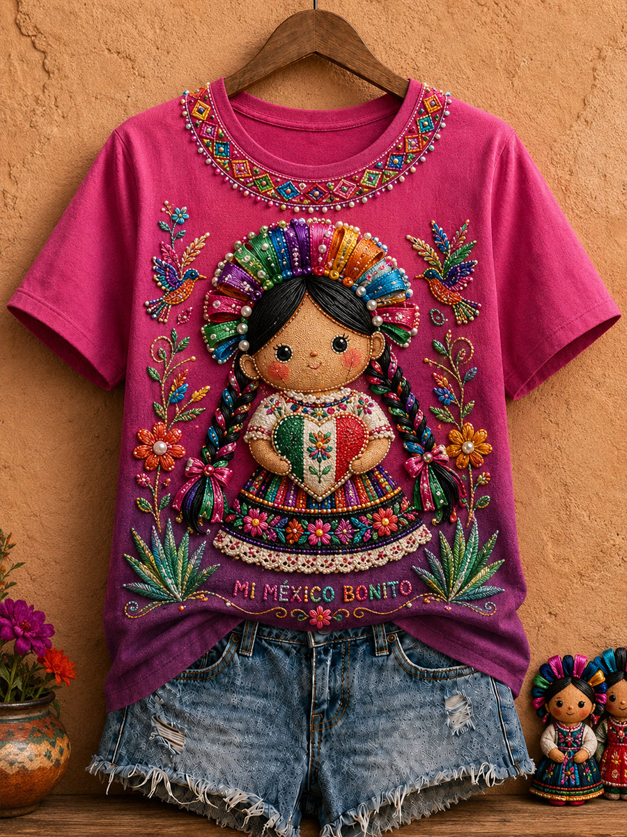 Camiseta estampada con arte de muñeca Lele mexicana para mujer