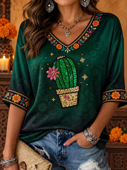 Camiseta estampada con arte de muñeca Lele mexicana para mujer