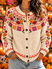Suéter cárdigan informal con estampado de Día de Muertos para mujer