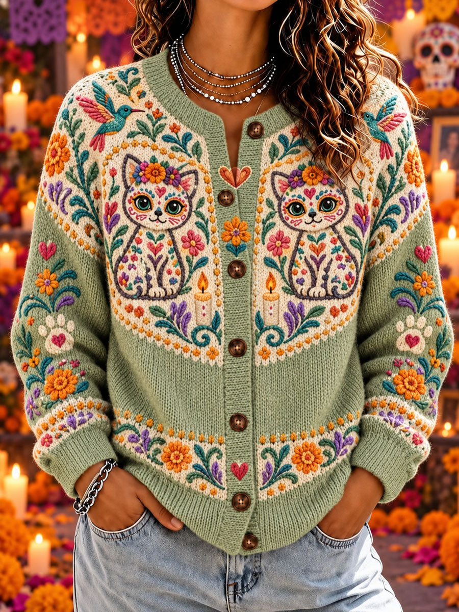 Suéter cárdigan informal con estampado de Día de Muertos para mujer