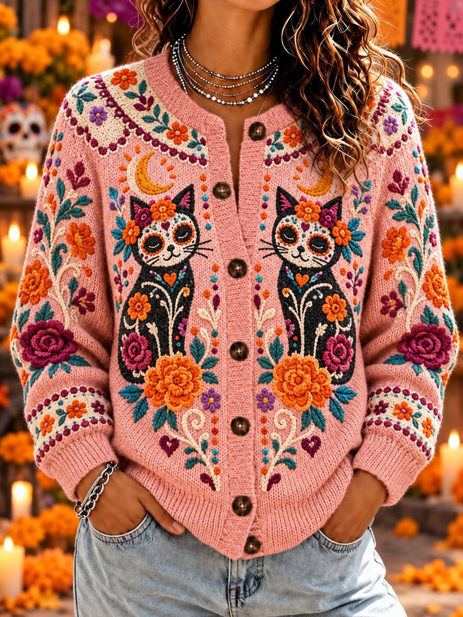 Suéter cárdigan informal con estampado de Día de Muertos para mujer