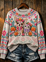 Suéter casual con estampado del Día de Muertos para mujer
