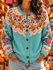 Suéter cárdigan informal con estampado de Día de Muertos para mujer