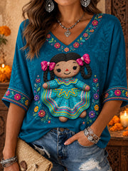 Camiseta estampada con diseño floral de la muñeca Lele mexicana para mujer