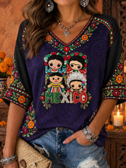 Camiseta estampada con diseño floral de la muñeca Lele mexicana para mujer