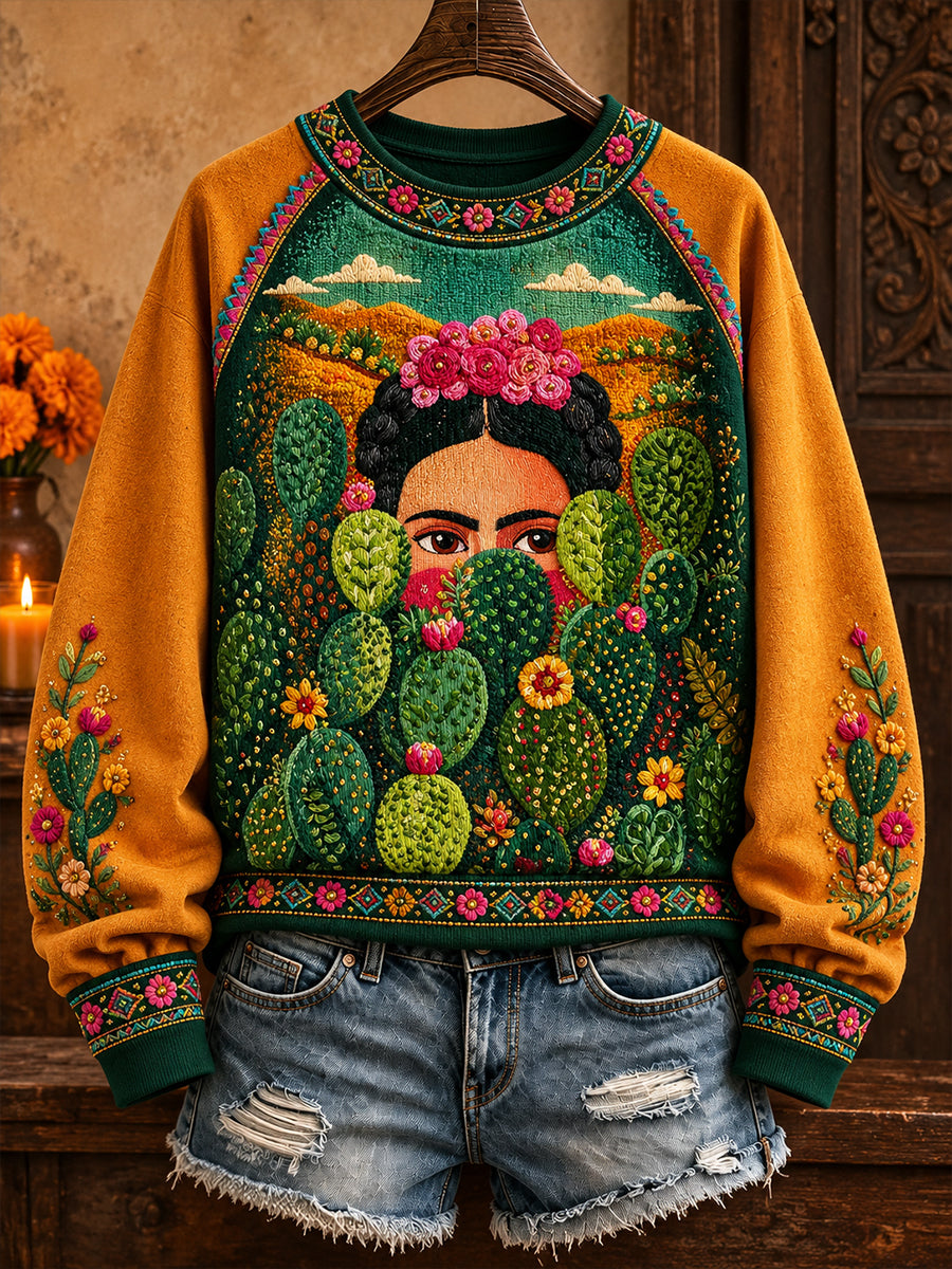 Sudadera con estampado floral de arte mexicano para mujer, diseño de muñeca Lele