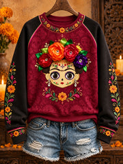 Sudadera con estampado floral de arte mexicano para mujer, diseño de muñeca Lele