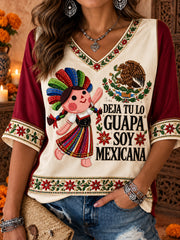 Camiseta estampada con diseño floral de la muñeca Lele mexicana para mujer