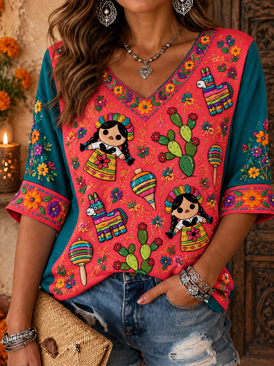 Camiseta estampada con diseño floral de la muñeca Lele mexicana para mujer