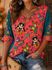 Camiseta estampada con diseño floral de la muñeca Lele mexicana para mujer