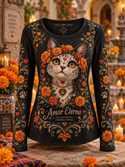 Camiseta larga informal con estampado del Día de Muertos para mujer