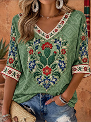 Camiseta estampada con diseño floral de la bandera de México para mujer