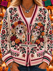 Suéter cárdigan informal con estampado de Día de Muertos para mujer