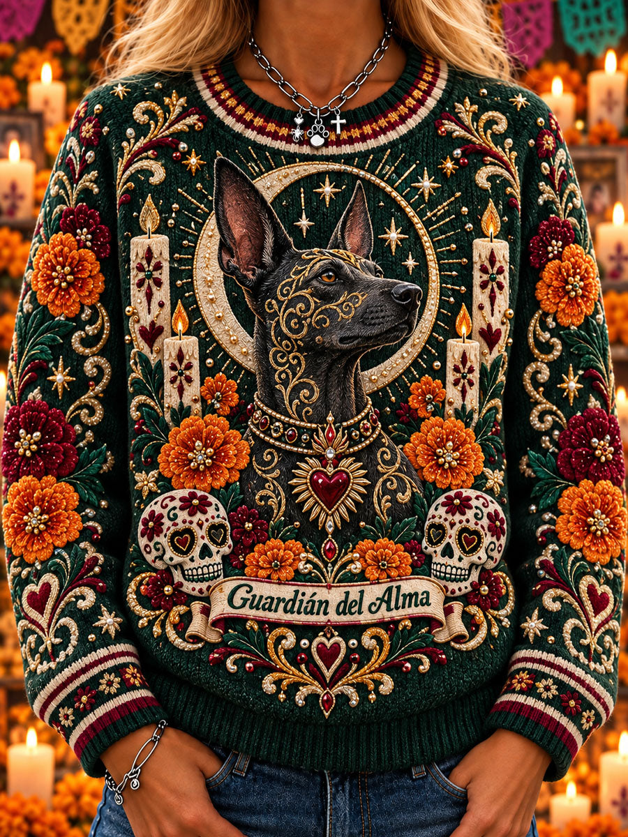 Suéter casual de cuello redondo con estampado de mascotas para el Día de Muertos femenino