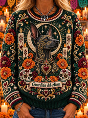 Suéter casual de cuello redondo con estampado de mascotas para el Día de Muertos femenino