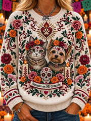Suéter casual de cuello redondo con estampado de mascotas para el Día de Muertos femenino