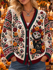 Suéter cárdigan informal con estampado de Día de Muertos para mujer