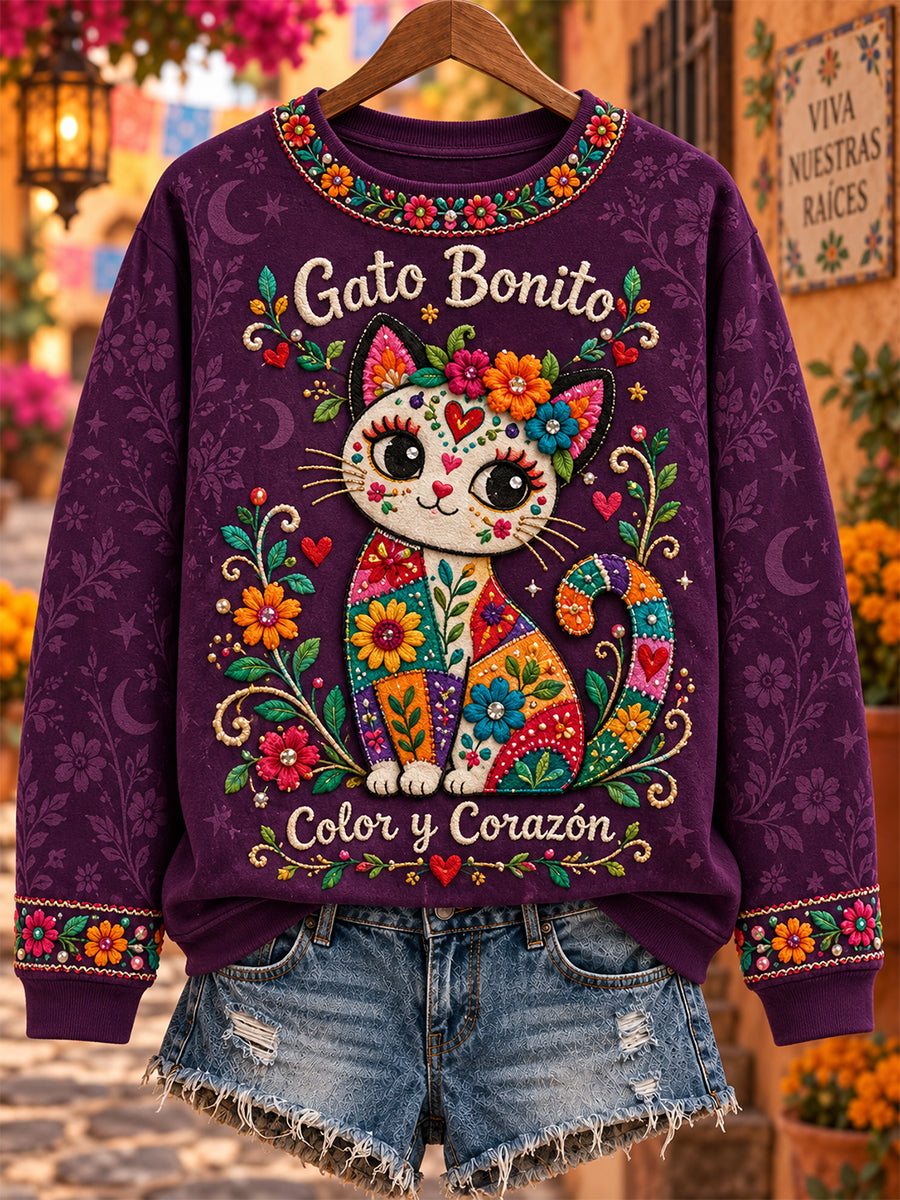 Sudadera de cuello redondo con estampado floral de la cultura mexicana para mujer