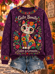 Sudadera de cuello redondo con estampado floral de la cultura mexicana para mujer