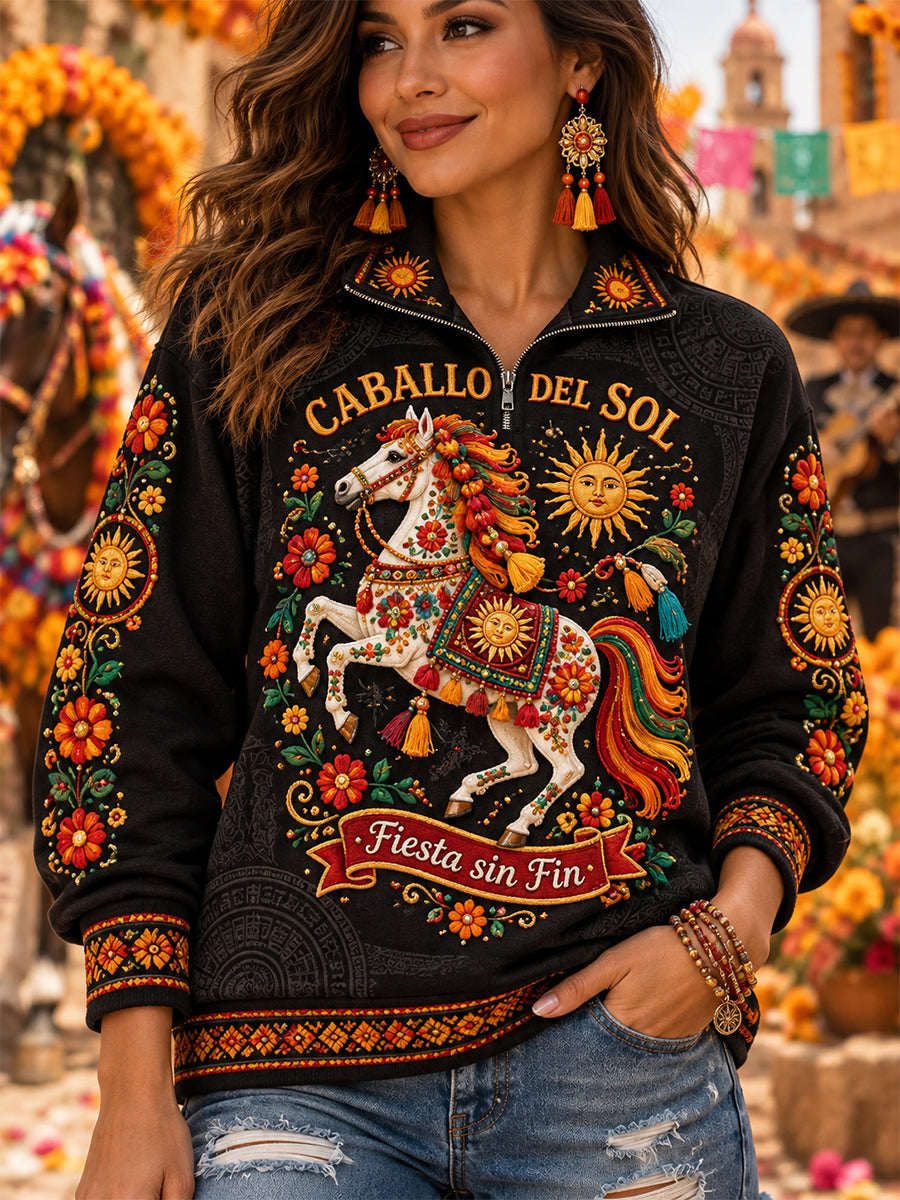 Sudadera con capucha y media cremallera con estampado floral de la cultura mexicana para mujer