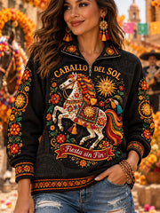 Sudadera con capucha y media cremallera con estampado floral de la cultura mexicana para mujer