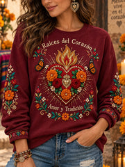 Sudadera con cuello redondo y estampado floral de cultura mexicana para mujer