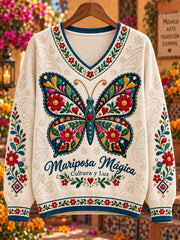 Suéter de cuello en V de punto con estampado floral de cultura mexicana para mujer