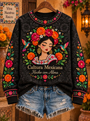 Sudadera de cuello redondo con estampado floral de la cultura mexicana para mujer