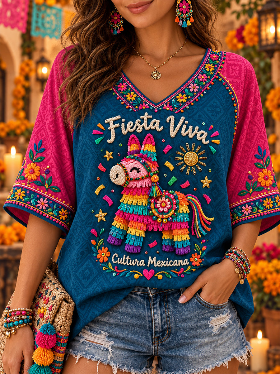 Camiseta de cuello en V con estampado floral de la cultura mexicana para mujer