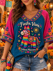 Camiseta de cuello en V con estampado floral de la cultura mexicana para mujer