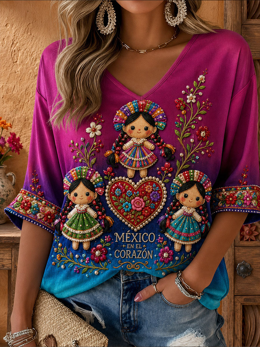 Camiseta estampada con arte floral folclórico mexicano para mujer