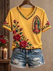 Camiseta estampada con diseño religioso para amantes de la fe, Día de Nuestra Señora de Guadalupe, para mujer