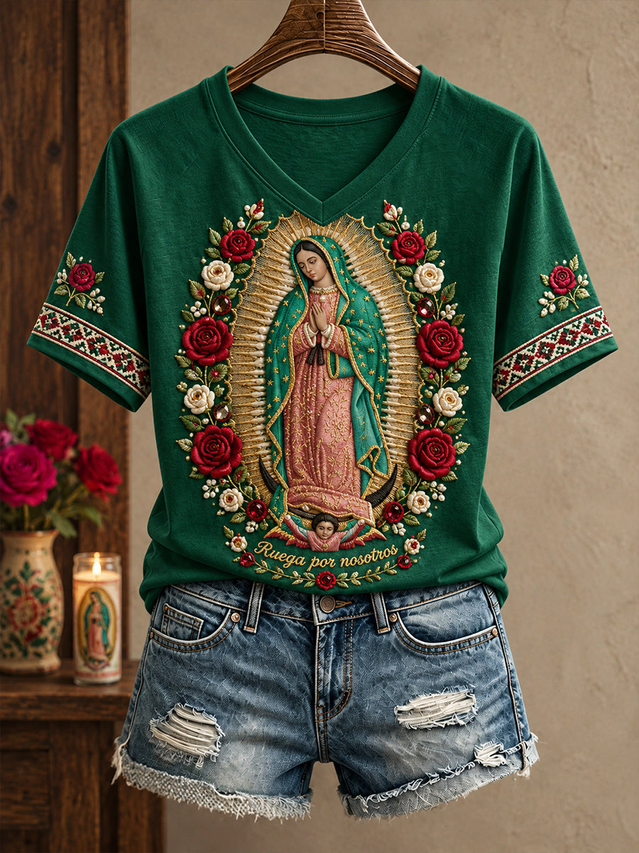 Camiseta estampada con diseño religioso para amantes de la fe, Día de Nuestra Señora de Guadalupe, para mujer