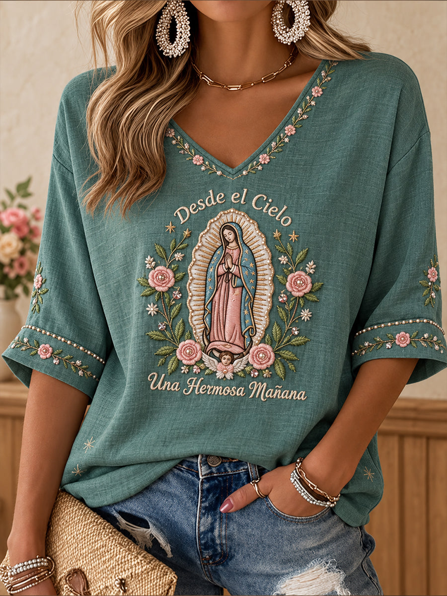 Camiseta estampada con diseño religioso para amantes de la fe, Día de Nuestra Señora de Guadalupe, para mujer