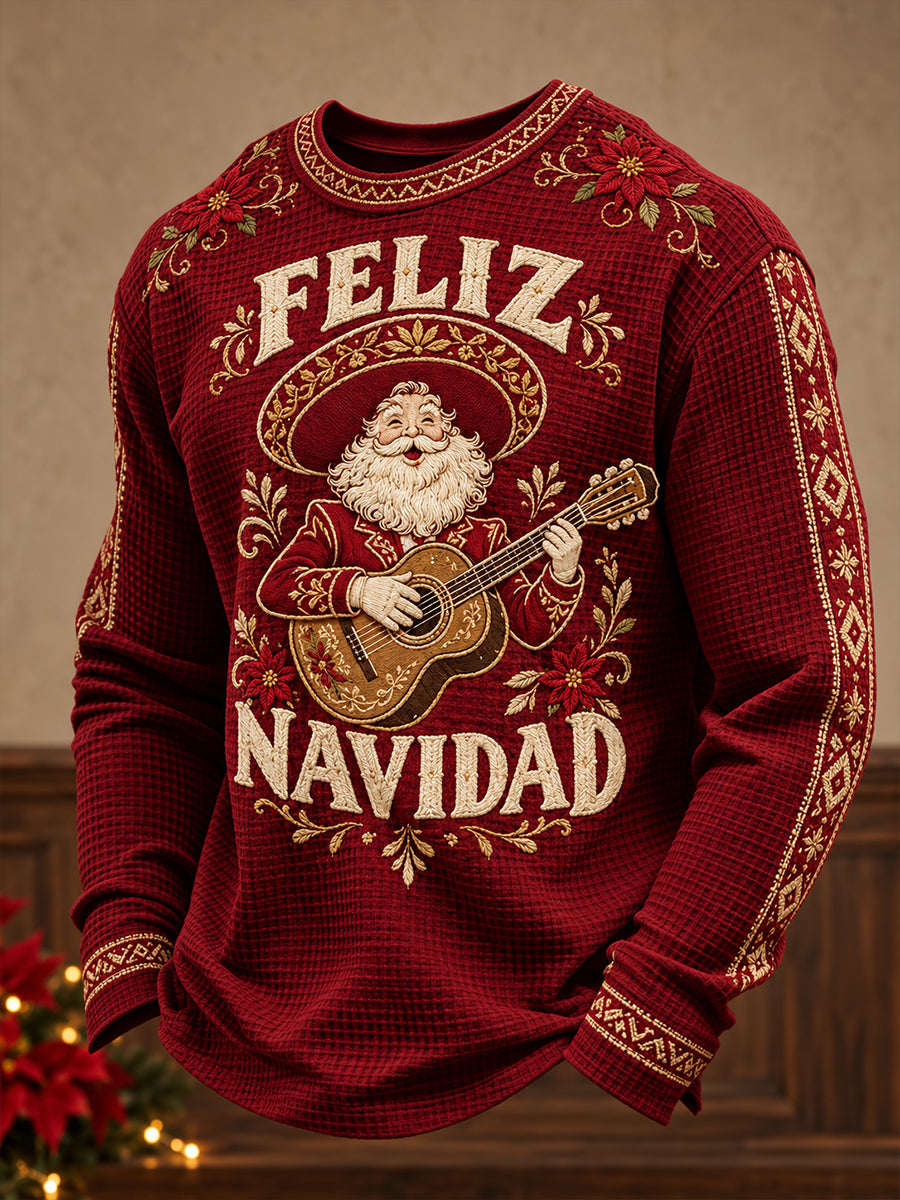 Sudadera de waffle estampada con "Feliz Navidad" para hombre, diseño mexicano