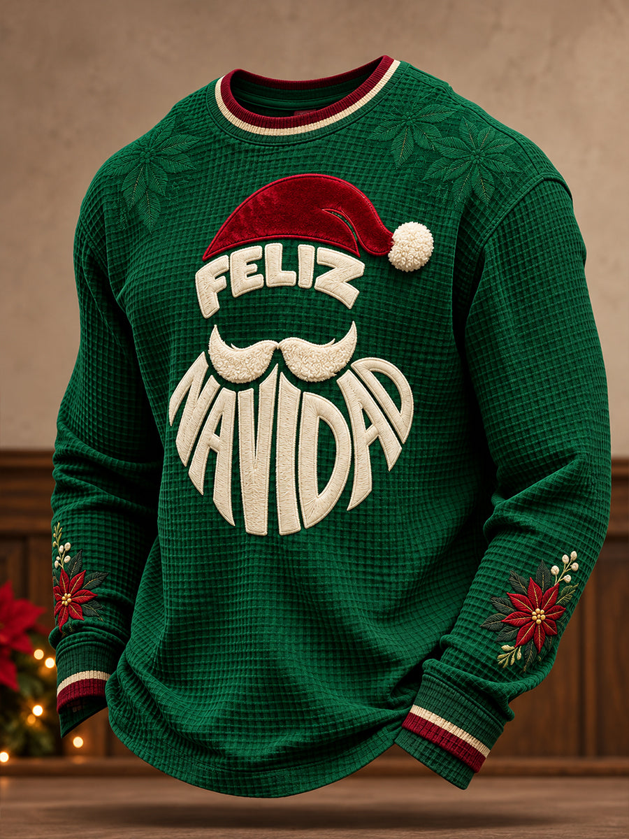 Sudadera de waffle estampada con "Feliz Navidad" para hombre, diseño mexicano