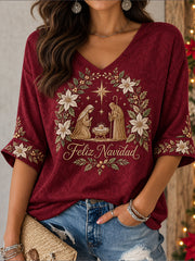 Camiseta estampada de Navidad para mujer con la frase "Feliz Navidad" en español
