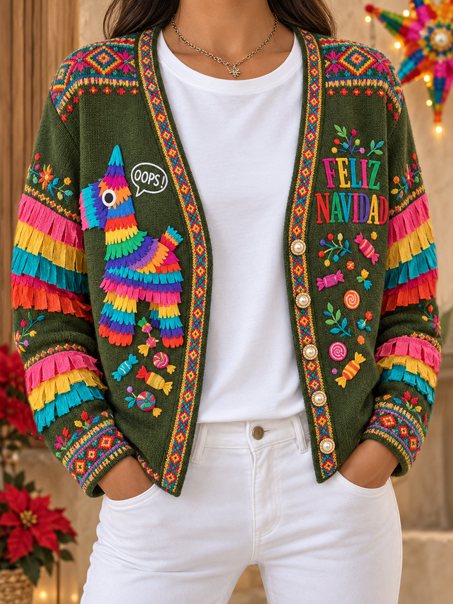 Cárdigan estampado de Navidad con la frase "Feliz Navidad" en español para mujer