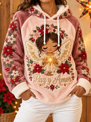 Sudadera de franela con capucha para mujer, estampado navideño mexicano Feliz Navidad