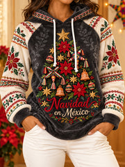Sudadera de franela con capucha para mujer, estampado navideño mexicano Feliz Navidad