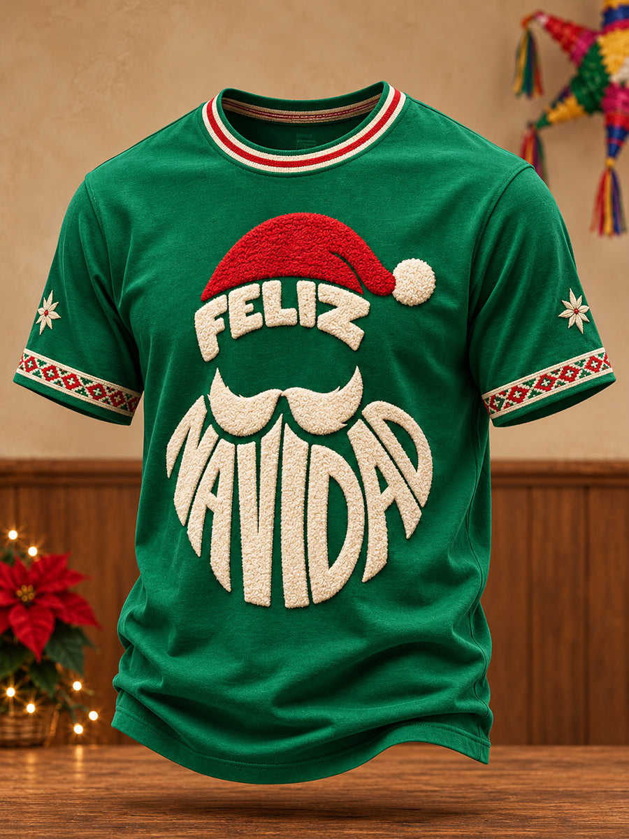 Camiseta estampada con diseño navideño mexicano para hombre: Feliz Navidad