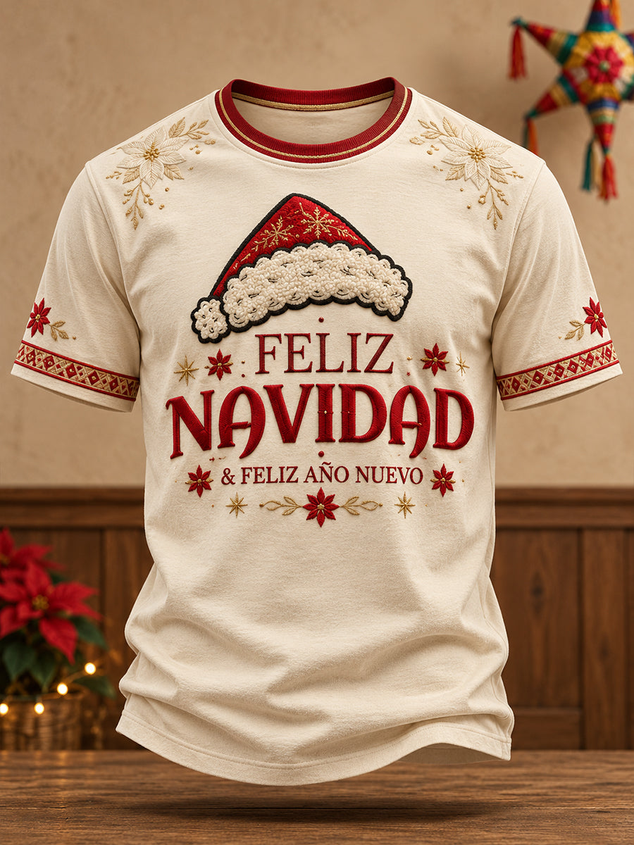 Camiseta estampada con diseño navideño mexicano para hombre: Feliz Navidad