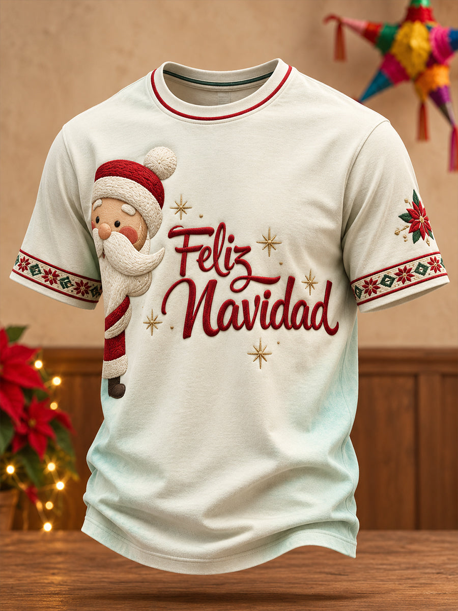 Camiseta estampada con diseño navideño mexicano para hombre: Feliz Navidad