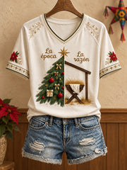 Camiseta estampada con diseño navideño mexicano para mujer: Feliz Navidad