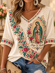 Women' sFeast de Nuestra Señora de Guadalupe México Patrón de lino con cuello en V Camisa