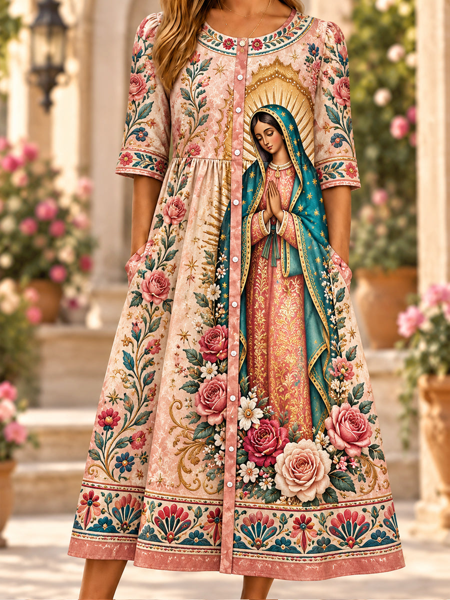 Vestido de lino estampado con la imagen de Nuestra Señora de Guadalupe, México, para mujer