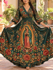 Vestido de lino estampado con arte mexicano, Fiesta de Nuestra Señora de Guadalupe para mujer