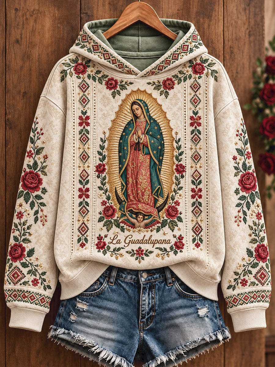 Sudadera con capucha estampada con el arte de la Virgen de Guadalupe de México para mujer