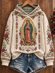 Sudadera con capucha estampada con el arte de la Virgen de Guadalupe de México para mujer