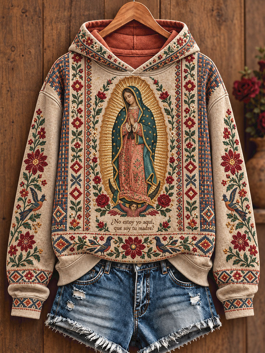 Sudadera con capucha estampada con el arte de la Virgen de Guadalupe de México para mujer